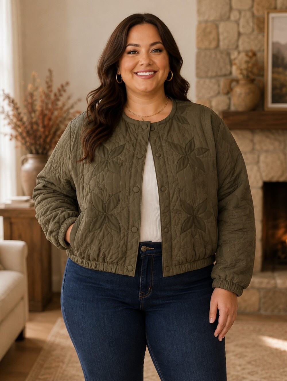 NWT Gacaky XXL Olive Floral Embroidered Quilted Jacket 20-22
